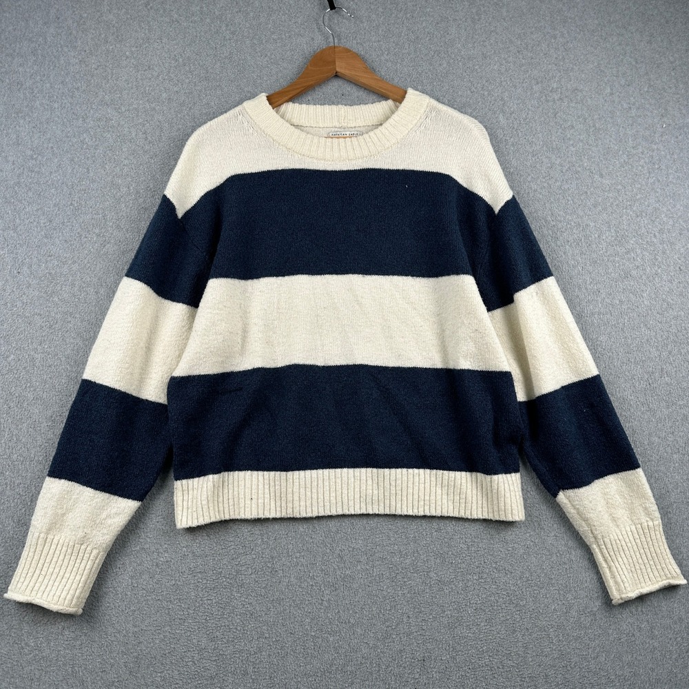 American Eagle Sweater Womens M Cream Navy Blue Striped Knit Top